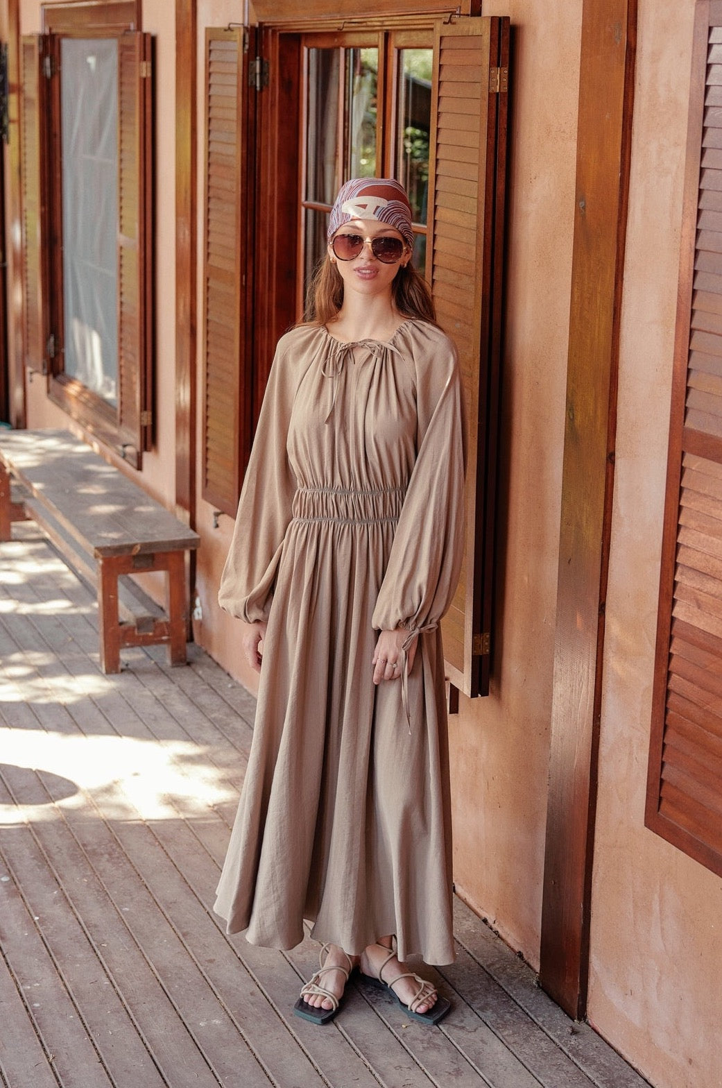 BALLOON SLEEVE ELASTIC WAIST MAXI VISION
