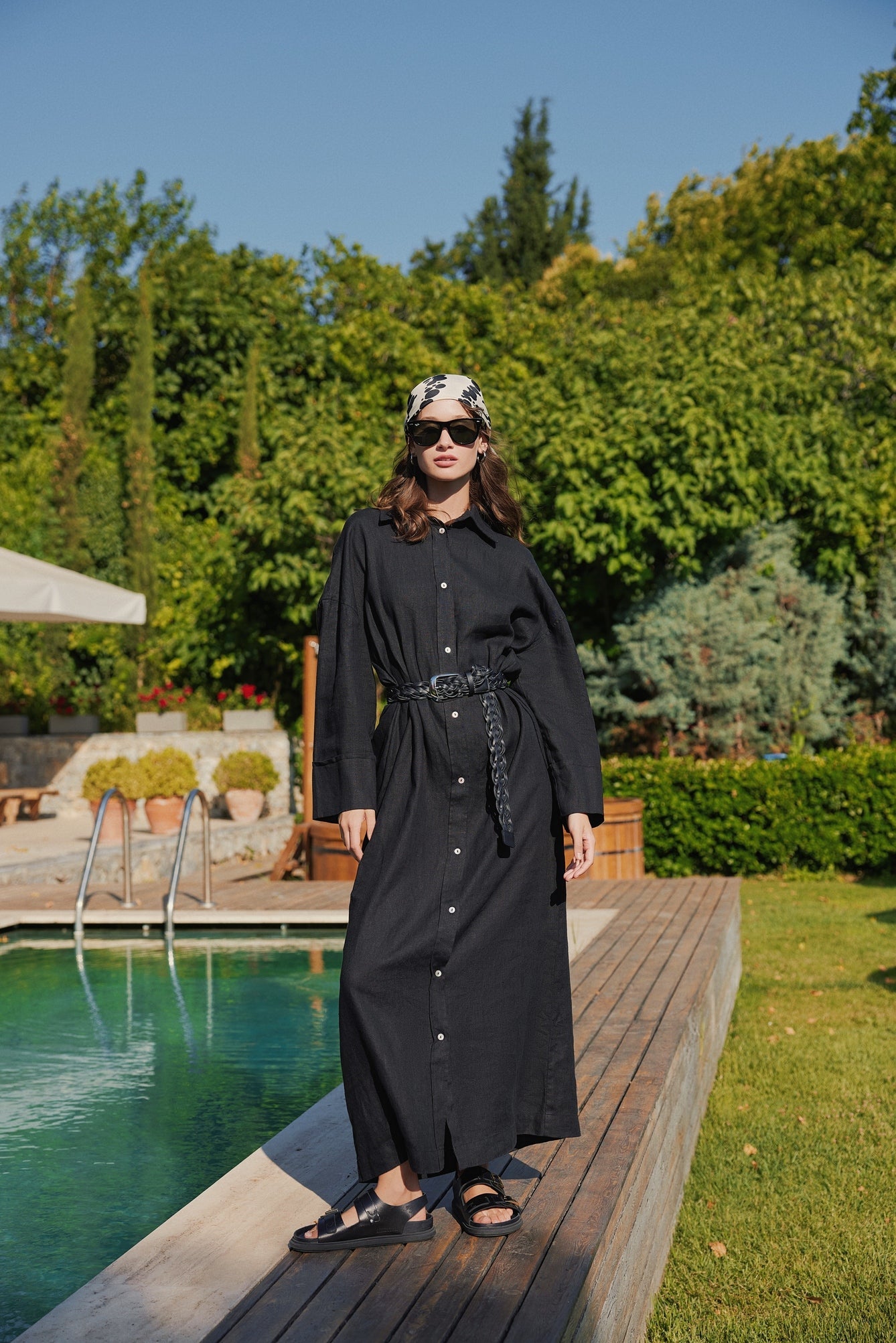 LINEN OVERSIZED BELTED DRESS BLACK