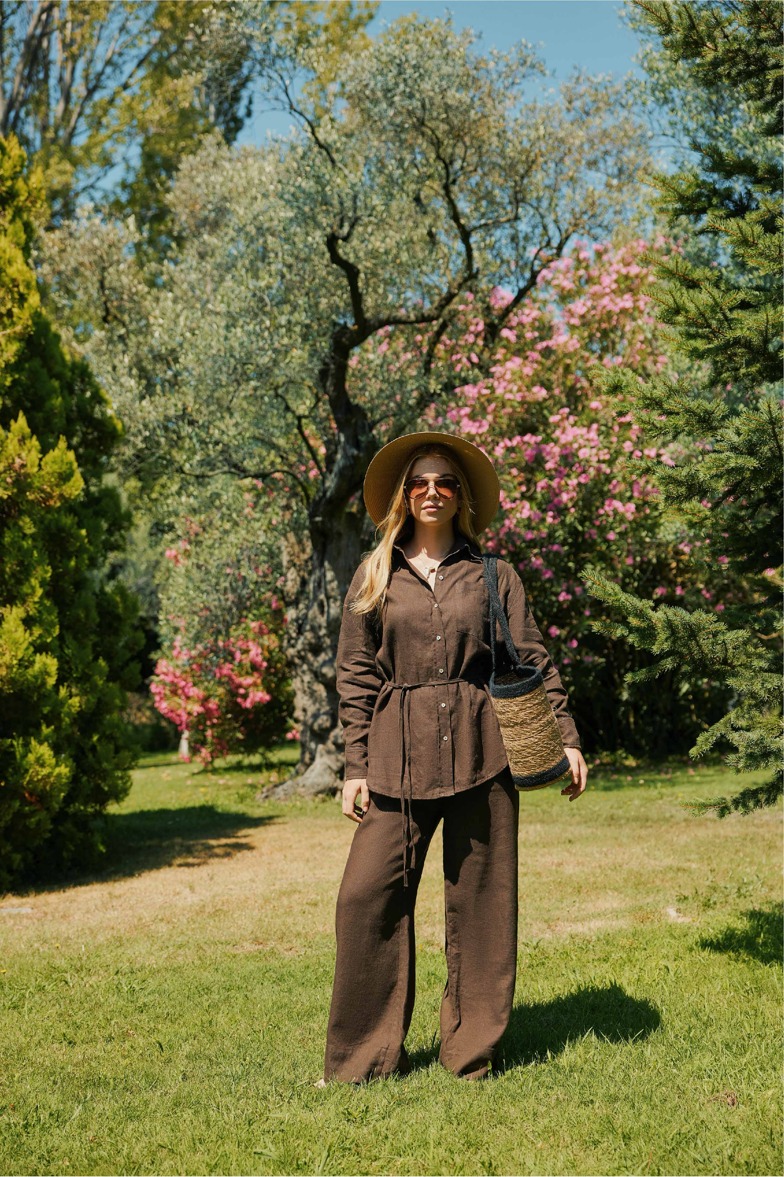 ELASTIC TIE WAIST LINEN PALAZZO PANTS BROWN