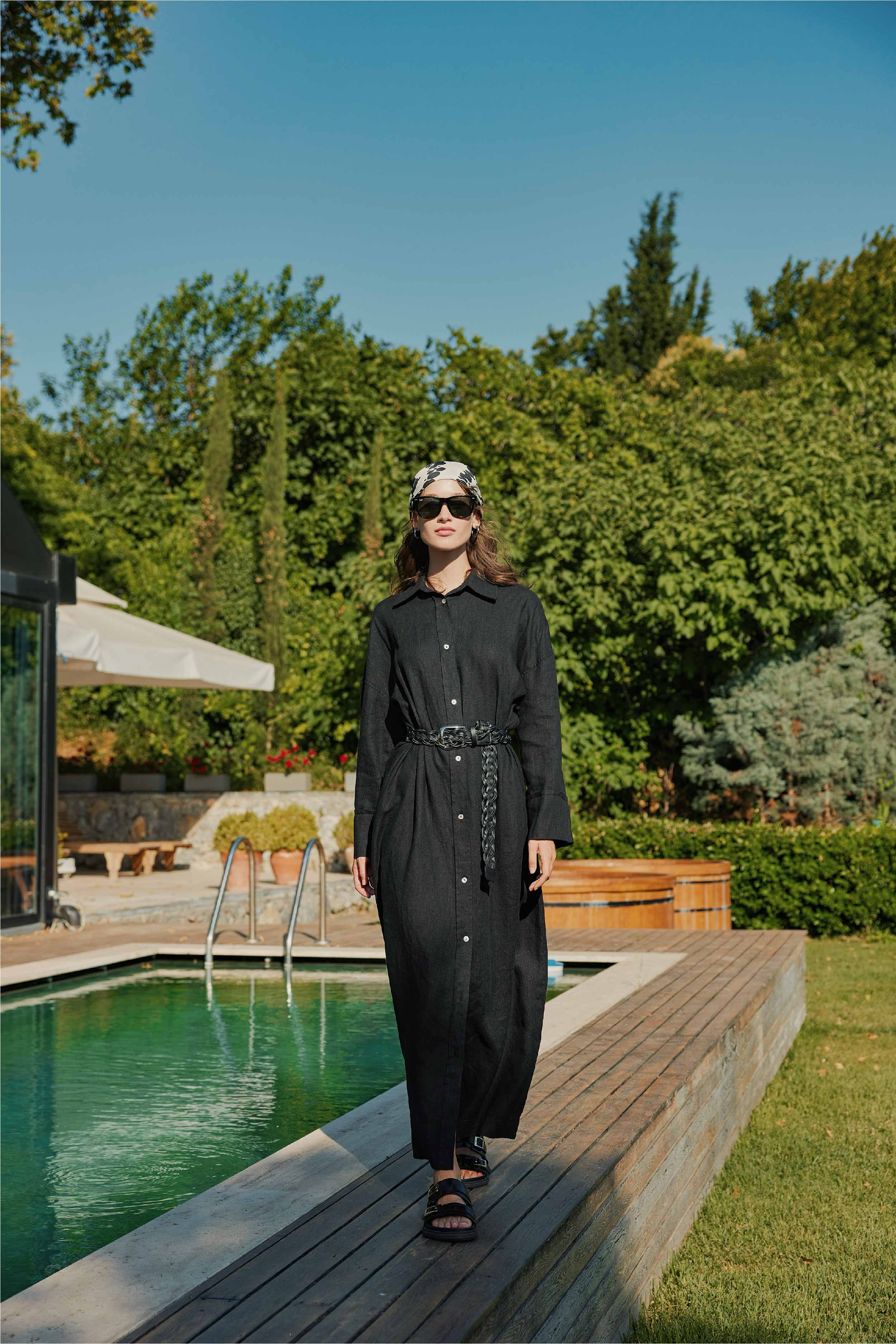 LINEN OVERSIZED BELTED DRESS BLACK