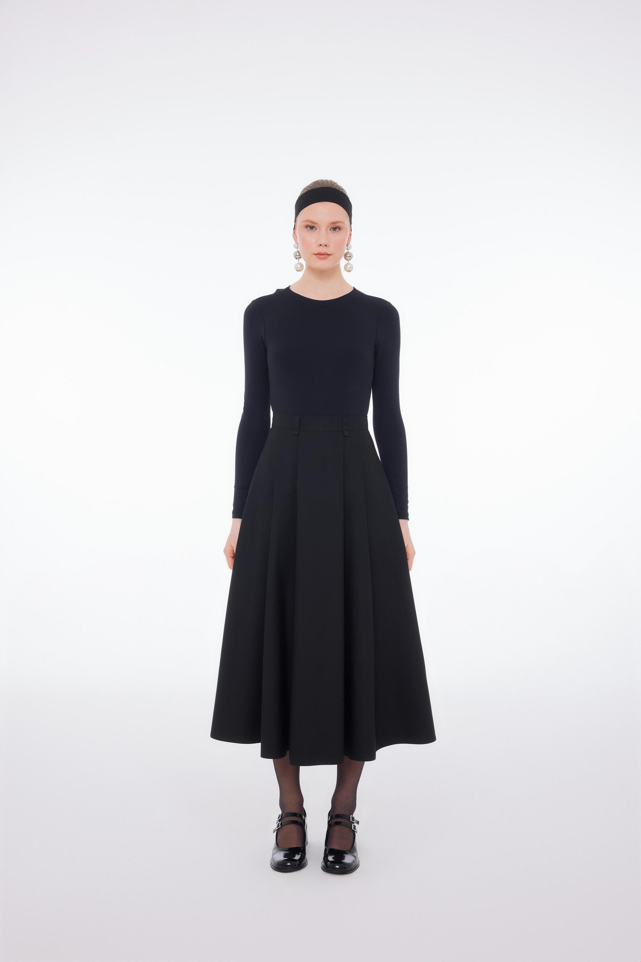 GABARDİN PİLELİ ETEK SİYAH - Tailor's Room