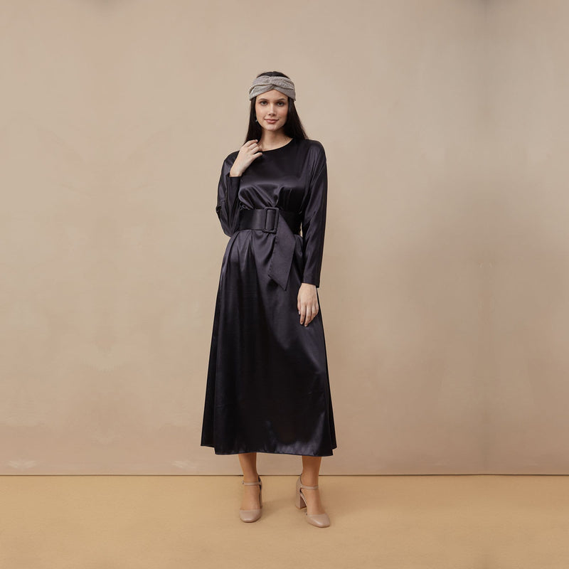 Black Belted Satin Dress Dresses Lassiva Collection 