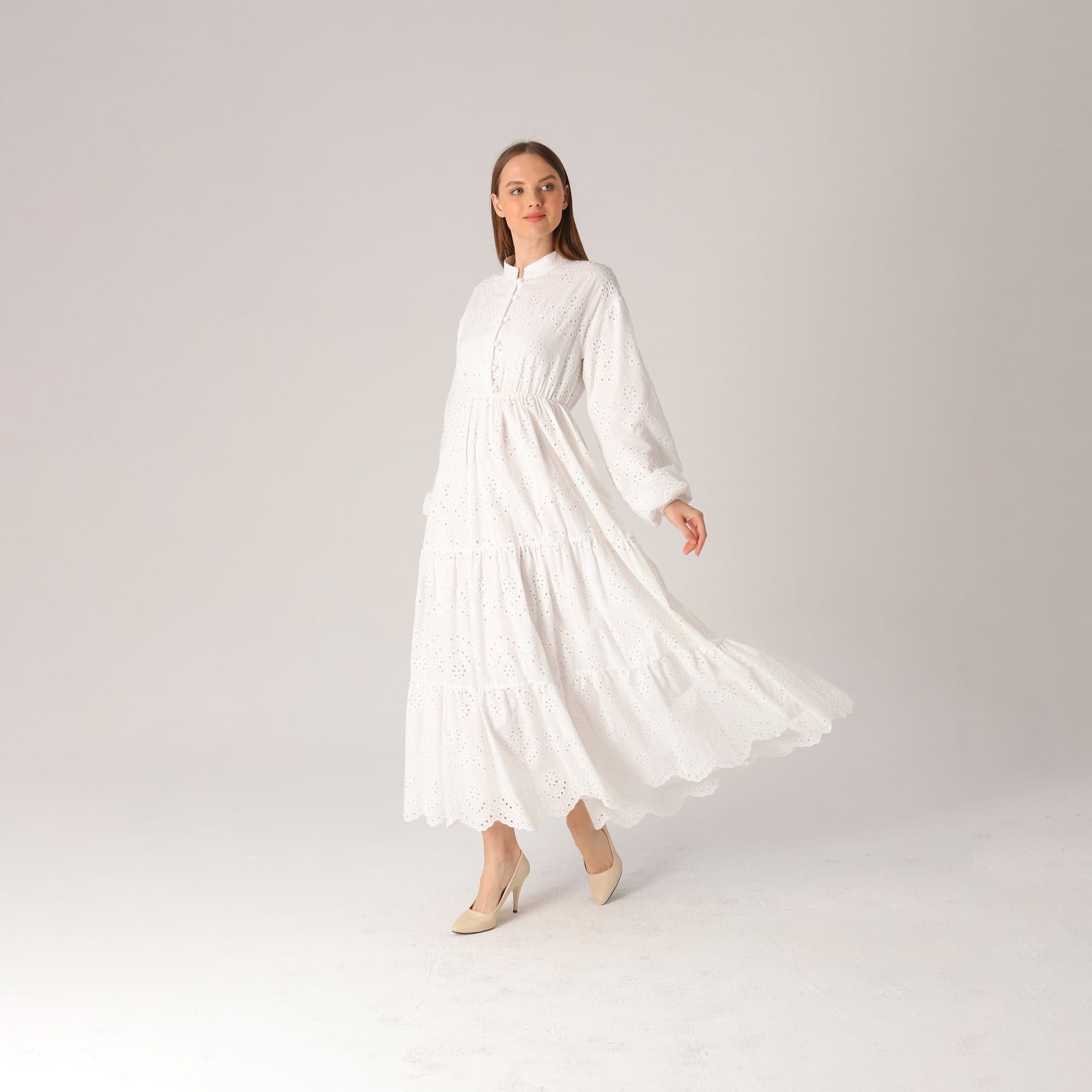 White Long Sleeve Eyelet Maxi Dress