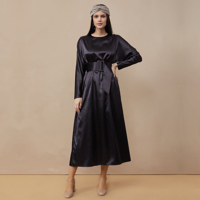 Black Belted Satin Dress Dresses Lassiva Collection S black 