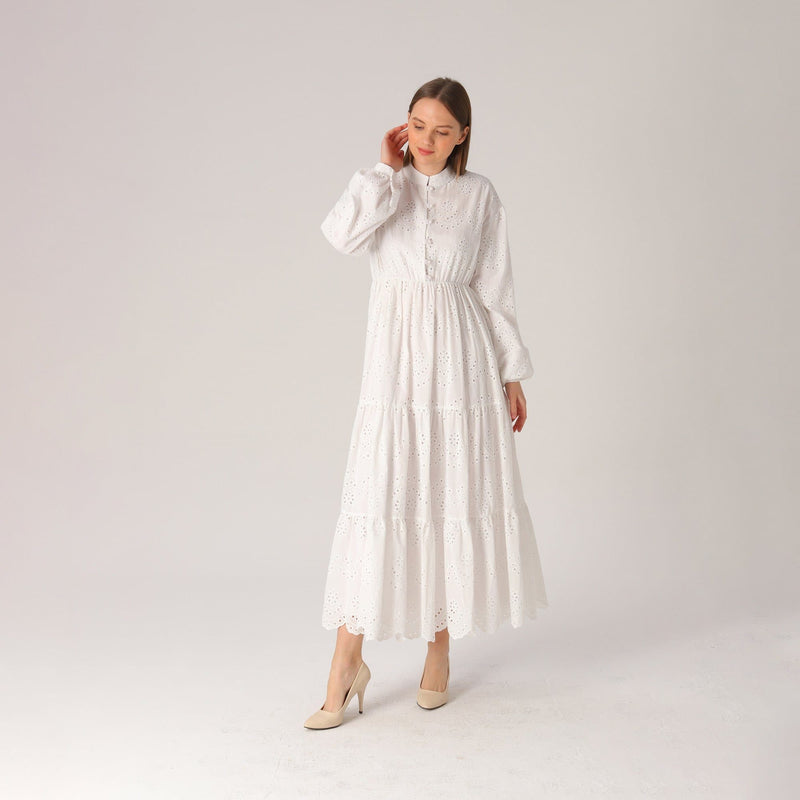 White Long Sleeve Eyelet Maxi Dress Lassiva Collection 
