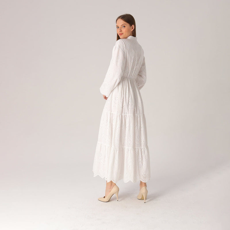 White Long Sleeve Eyelet Maxi Dress Lassiva Collection 