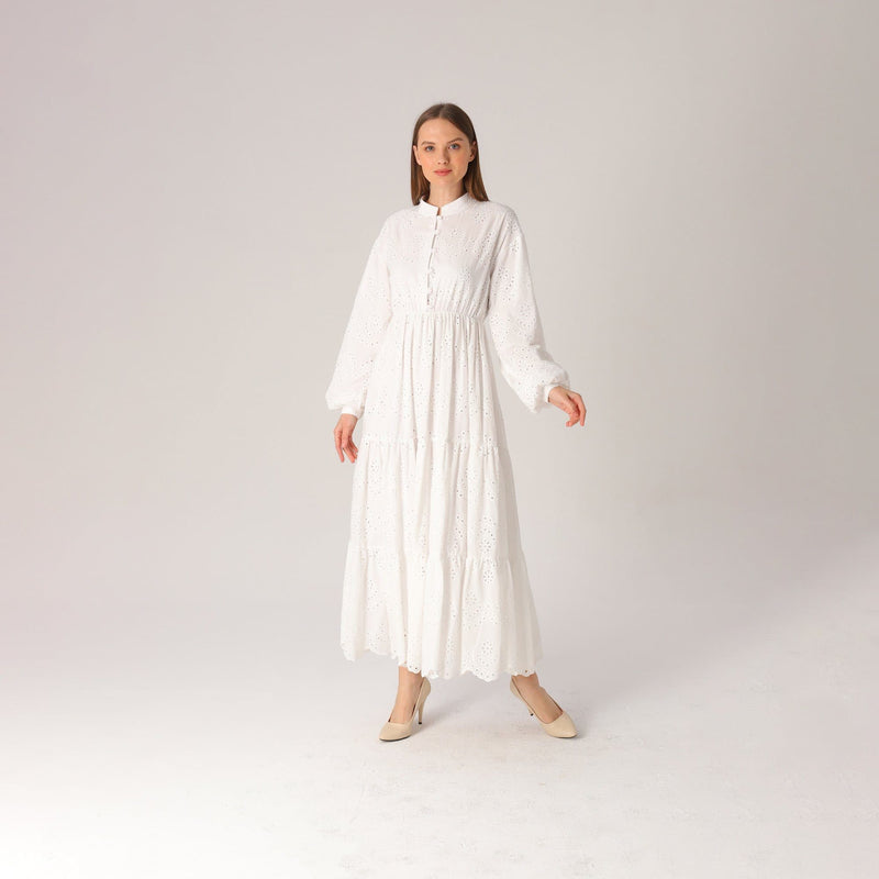White Long Sleeve Eyelet Maxi Dress Lassiva Collection 
