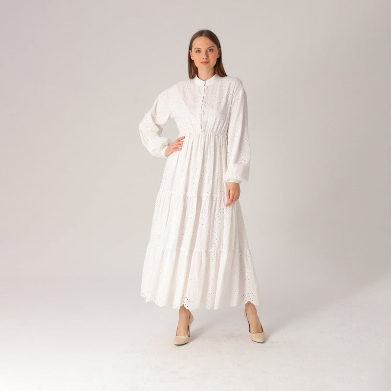 White Long Sleeve Eyelet Maxi Dress Lassiva Collection 